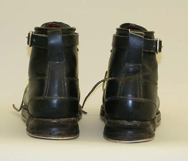 Ski boots, leather, metal, plastic, Swiss