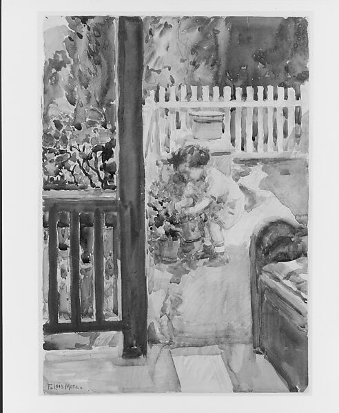 Daughter Rosemary Watering Plants, Gaylordsville, Connecticut, F. Luis Mora (American (born Uruguay), Montevideo 1874–1940 New York), Watercolor and graphite on off-white wove paper, American