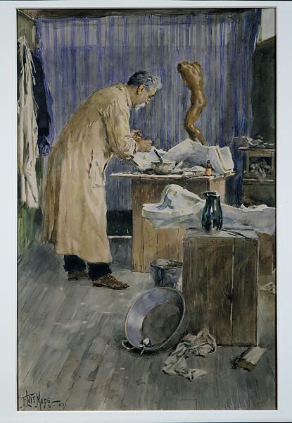 The Artist's Father in the Studio, F. Luis Mora (American (born Uruguay), Montevideo 1874–1940 New York), Watercolor and graphite traces on light gray wove paper, American