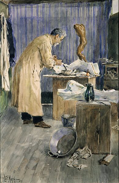 The Artist's Father in the Studio, F. Luis Mora (American (born Uruguay), Montevideo 1874–1940 New York), Watercolor and graphite traces on light gray wove paper, American 