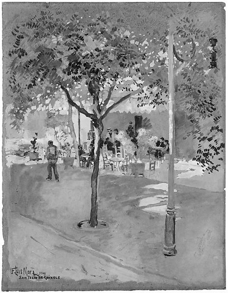 Street Cafe—San Felio de Quixols, F. Luis Mora (American (born Uruguay), Montevideo 1874–1940 New York), Watercolor, gouache on dark brown Japanese paper, American