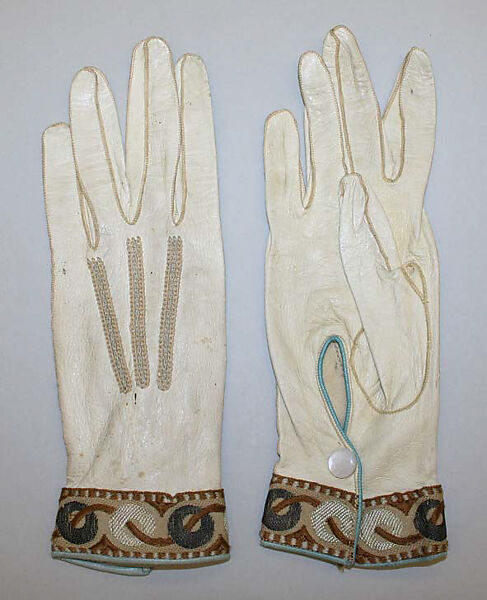 Gloves, leather, silk, metal, probably French 