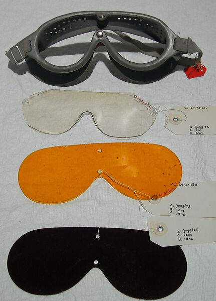 Ski goggles, plastic (cellulose acetate, cellulose nitrate, polyvinyl acetate, polyurethane), metal, American 