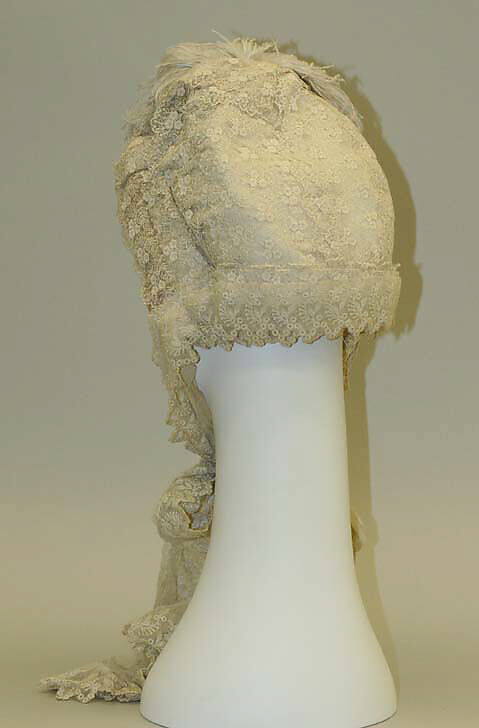 Bonnet, cotton, silk, feathers, British