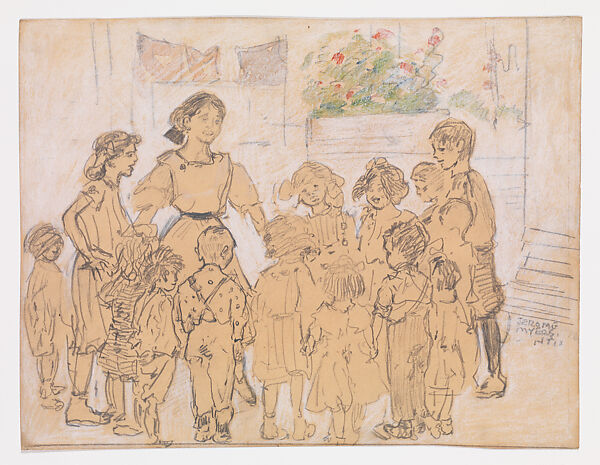 Circle of Children, Jerome Myers (American, Petersburg, Virginia 1867–1940 New York), Graphite, watercolor, and white chalk on light-colored wove paper, American 