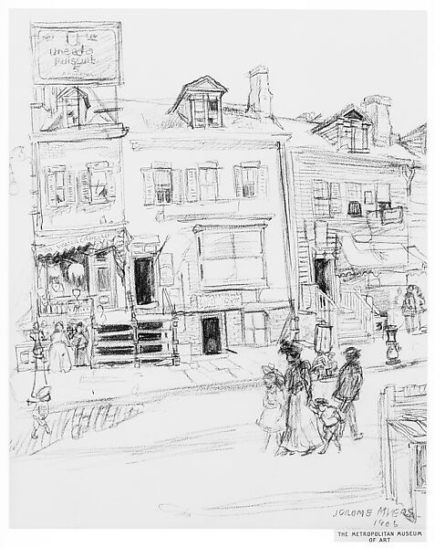 Old Houses, Clinton Street, New York, Jerome Myers (American, Petersburg, Virginia 1867–1940 New York), Black crayon on off-white wove paper, American