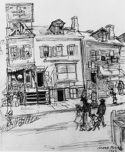 Old Houses, Clinton Street, New York, Jerome Myers (American, Petersburg, Virginia 1867–1940 New York), Black crayon on off-white wove paper, American 