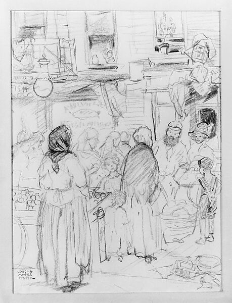 Pushcarts and Tenements, Jerome Myers (American, Petersburg, Virginia 1867–1940 New York), Charcoal on off-white wove paper, American