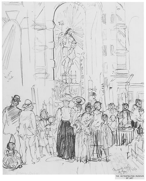 Street Shrine, New York, Jerome Myers (American, Petersburg, Virginia 1867–1940 New York), Black crayon on off-white wove paper, American