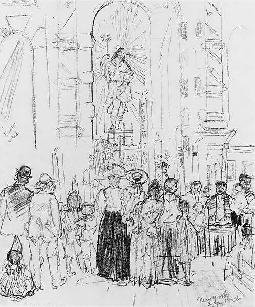 Street Shrine, New York, Jerome Myers (American, Petersburg, Virginia 1867–1940 New York), Black crayon on off-white wove paper, American