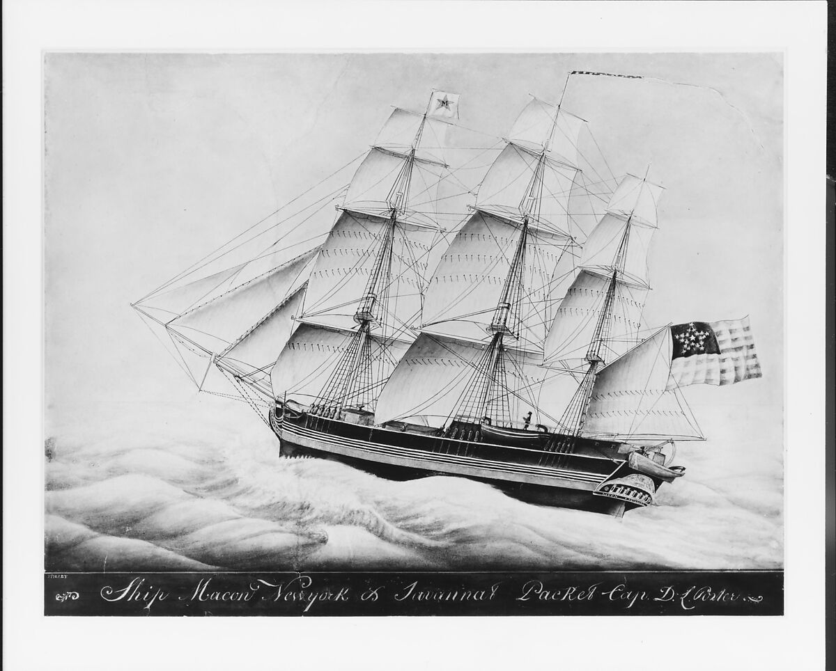 The Ship "Macon", Nivelet (active ca. 1830), Watercolor, gouache, gold paint, graphite, pen and black ink, and gum arabic on off-white Bristol board, American