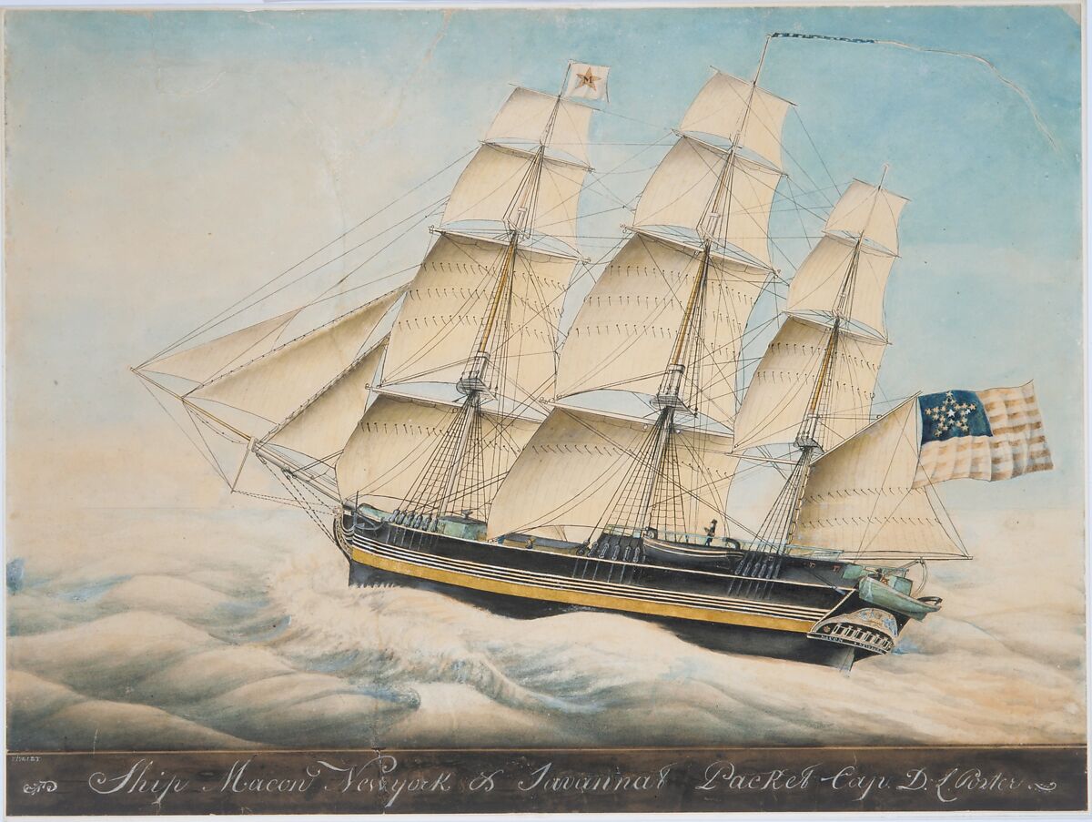 The Ship "Macon", Nivelet (active ca. 1830), Watercolor, gouache, gold paint, graphite, pen and black ink, and gum arabic on off-white Bristol board, American 