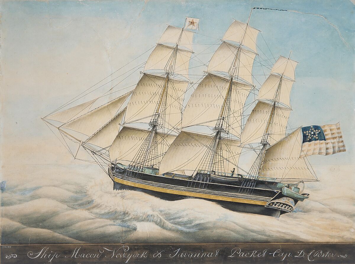 The Ship "Macon", Nivelet (active ca. 1830), Watercolor, gouache, gold paint, graphite, pen and black ink, and gum arabic on off-white Bristol board, American
