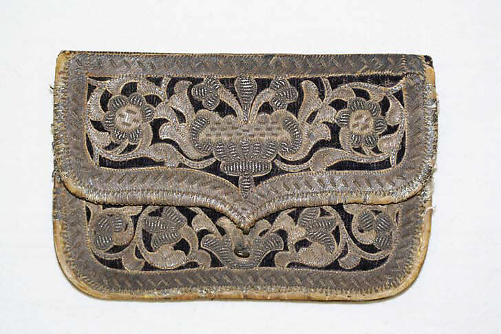 Purse, silk, metal, leather, probably French 