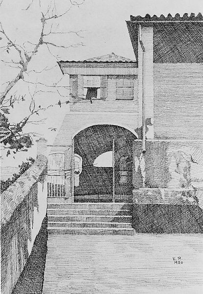 Entrance to Casa Fortaleza—Nictheroy, Brazil, Ethel Paxson (American, 1882–1982), Black ink and graphite traces on off-white wove paper, American 