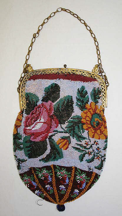 Purse, wool, glass, metal, German 