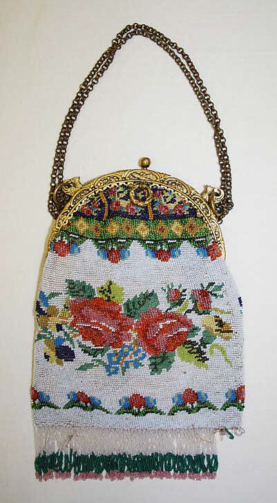 Purse, wool, glass, metal, German 