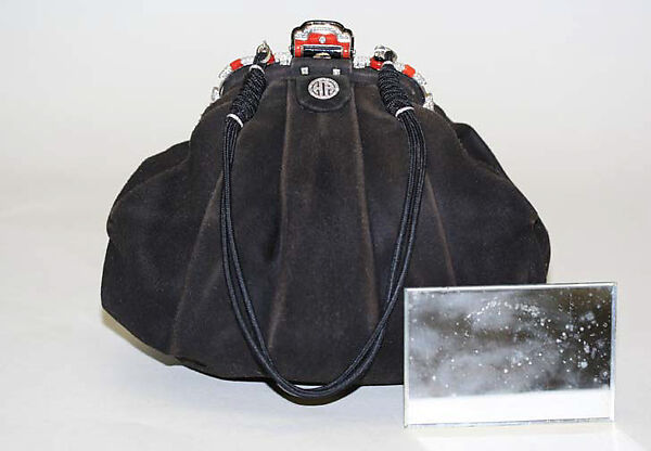 Pouch, leather, glass, stone, silk, French 