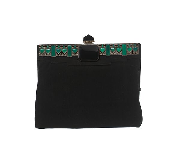 Evening bag, leather, metal, stone, French 
