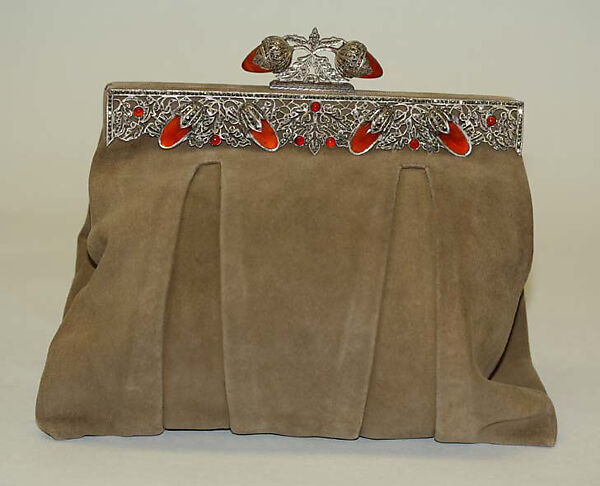 Evening bag, leather, metal, stone, French 