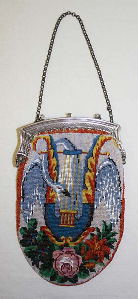 Purse, glass, metal, silk, French 