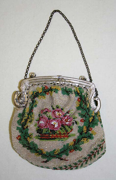 Purse, glass, silk, metal, French 