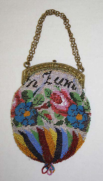 Purse, glass, metal, silk, French 
