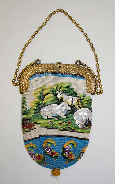 Purse, glass, metal, silk, French 