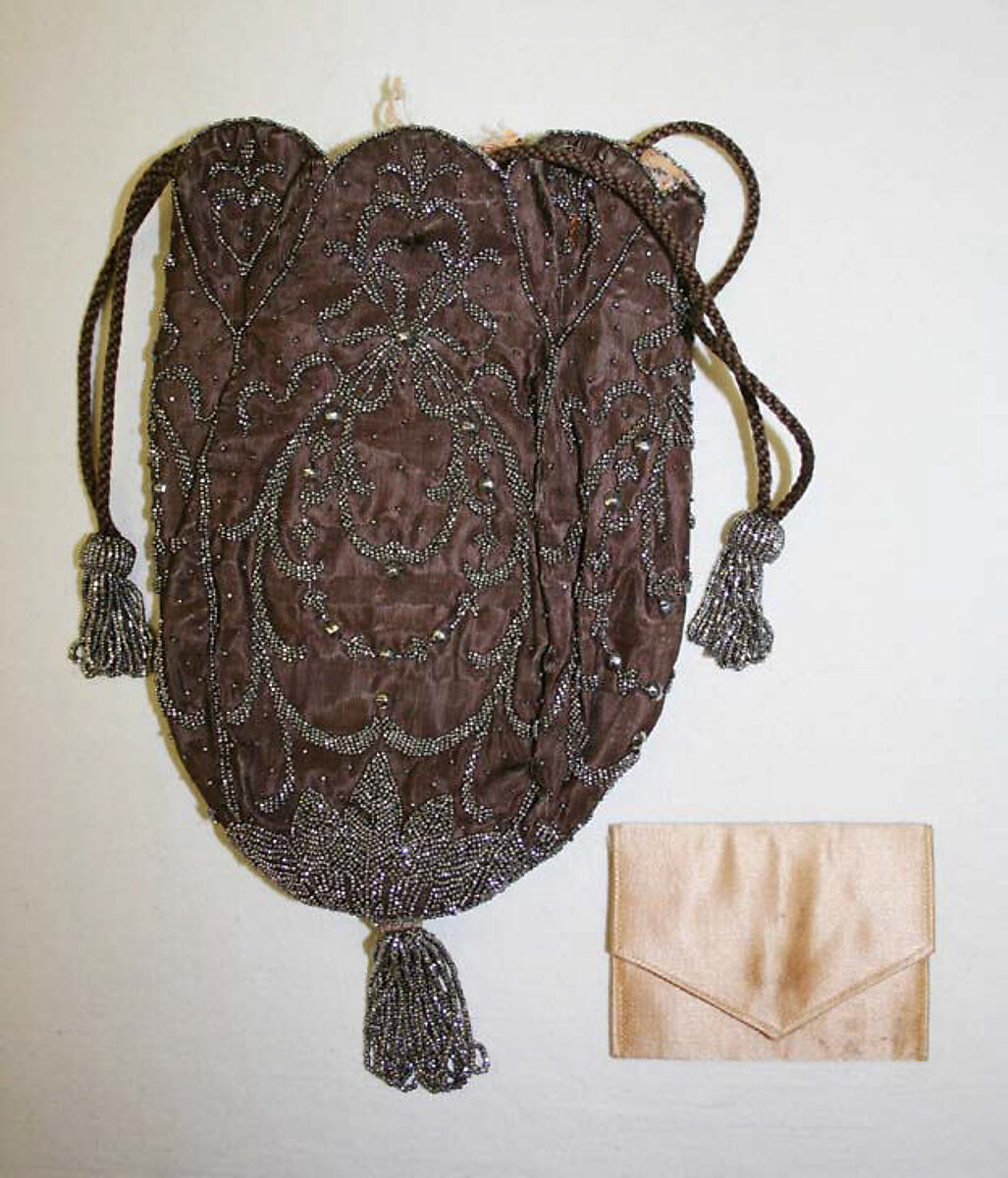 Drawstring bag, silk, metal, probably French 
