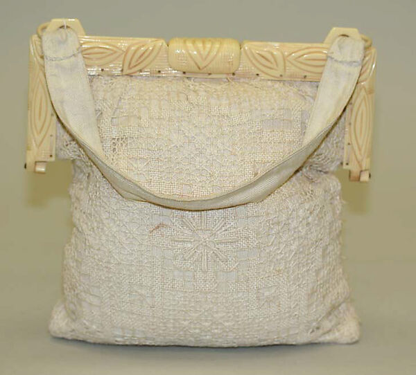 Purse, cotton, linen, plastic, probably American 