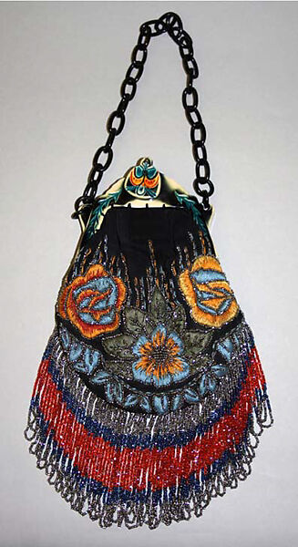 Purse, silk, plastic, glass, metal, American 
