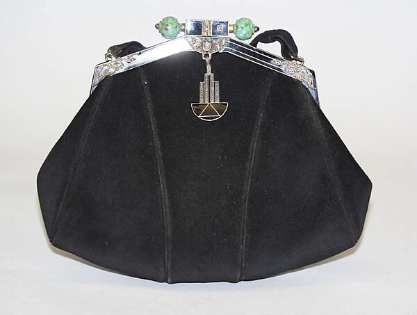 Purse, leather, metal, glass, stone, silk, French
