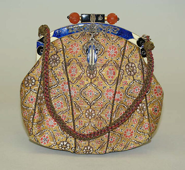 Purse, silk, metallic thread, metal, glass, stone, French 