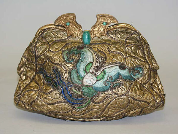Evening clutch, leather, silk, metal thread, probably French 