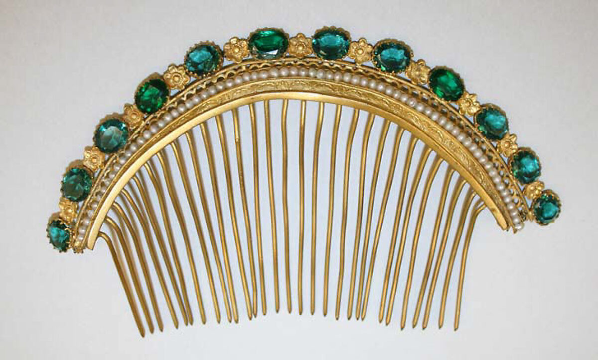 Comb, metal, stones, pearls, European 