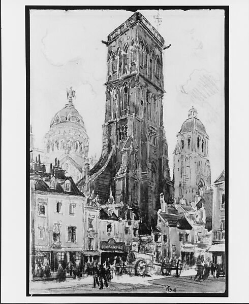 The Towers of St. Martin, Tours, Joseph Pennell (American, Philadelphia, Pennsylvania 1857–1926 New York), Watercolor, black crayon, and white gouache on off-white laid paper, American