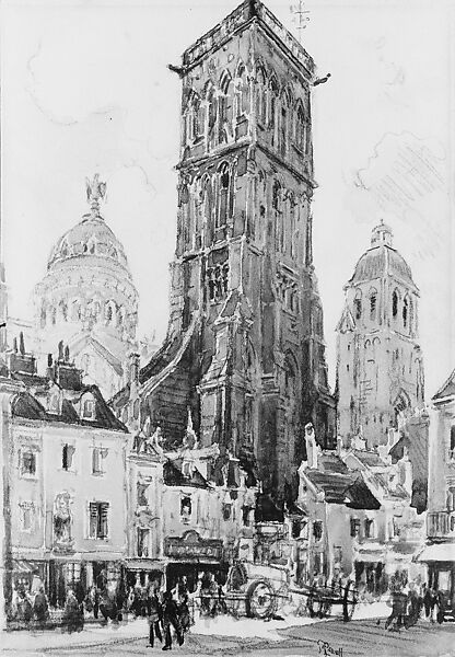 The Towers of St. Martin, Tours, Joseph Pennell (American, Philadelphia, Pennsylvania 1857–1926 New York), Watercolor, black crayon, and white gouache on off-white laid paper, American 