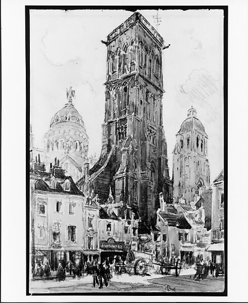 The Towers of St. Martin, Tours, Joseph Pennell (American, Philadelphia, Pennsylvania 1857–1926 New York), Watercolor, black crayon, and white gouache on off-white laid paper, American