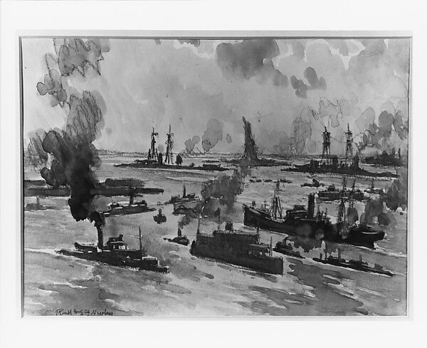 Warships in the Harbor, Joseph Pennell (American, Philadelphia, Pennsylvania 1857–1926 New York), Watercolor, charcoal, and gouache on off-white wove paper, American