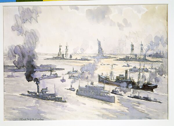Warships in the Harbor, Joseph Pennell (American, Philadelphia, Pennsylvania 1857–1926 New York), Watercolor, charcoal, and gouache on off-white wove paper, American