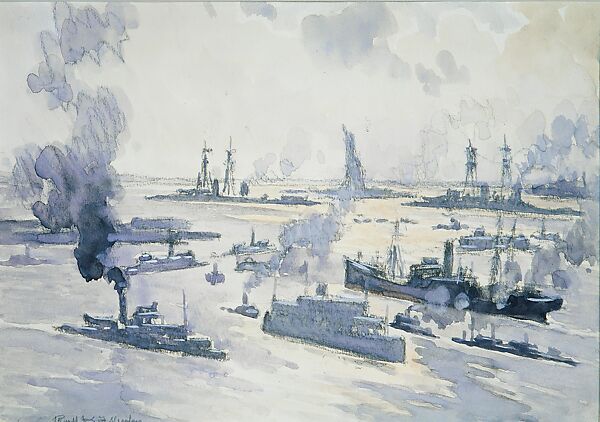 Warships in the Harbor, Joseph Pennell (American, Philadelphia, Pennsylvania 1857–1926 New York), Watercolor, charcoal, and gouache on off-white wove paper, American 