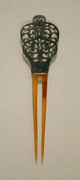 Hairpin, plastic (cellulose nitrate), metal (silver), American