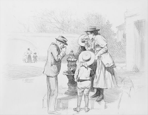 Figures at a Fountain, Edward Henry Potthast (American, 1857–1927), Black Conté crayon on paper, American
