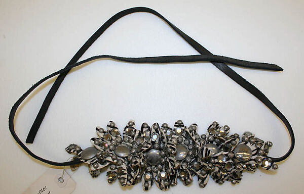 Necklace, leather, glass, metal, American 