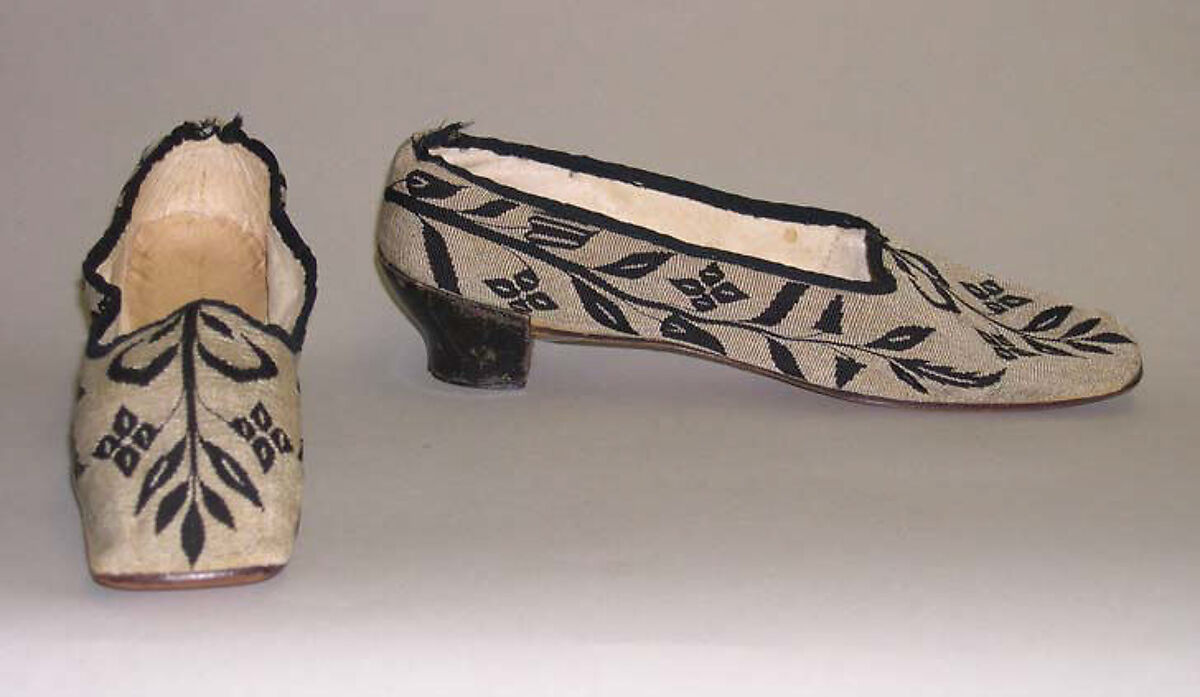 Shoes, a,b) silk, wool, leather, linen, American