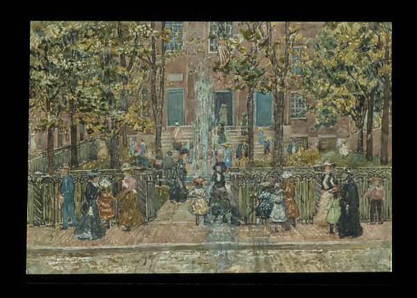 Court Yard, West End Library, Boston, Maurice Brazil Prendergast  (American, St. John’s, Newfoundland 1858–1924 New York), Watercolor, gouache, and charcoal on off-white wove paper, American