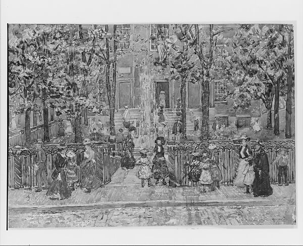 Court Yard, West End Library, Boston, Maurice Brazil Prendergast  (American, St. John’s, Newfoundland 1858–1924 New York), Watercolor, gouache, and charcoal on off-white wove paper, American