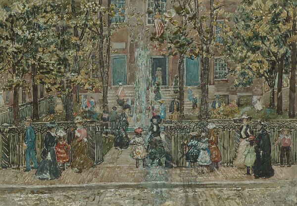 Court Yard, West End Library, Boston, Maurice Brazil Prendergast  (American, St. John’s, Newfoundland 1858–1924 New York), Watercolor, gouache, and charcoal on off-white wove paper, American 