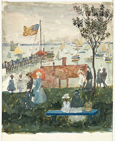 Excursionists, Nahant, Maurice Brazil Prendergast  (American, St. John’s, Newfoundland 1858–1924 New York), Watercolor, gouache, and graphite on off-white wove paper, American 