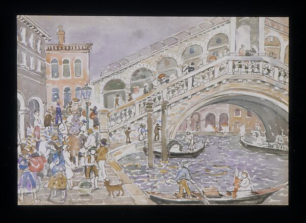 Rialto Bridge (Covered Bridge, Venice), Maurice Brazil Prendergast  (American, St. John’s, Newfoundland 1858–1924 New York), Watercolor and graphite on off-white wove paper, American